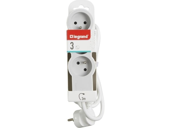 Förlängningskabel standard 3x2P+Z 3m vit-grå