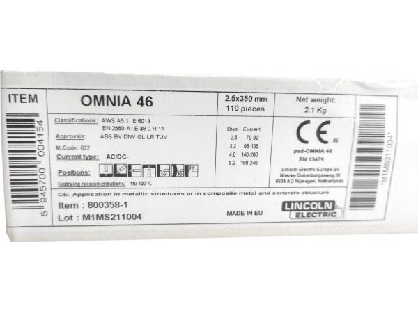 Lincoln Electric RUTILO ELEKTRODAS 2,5 mm 350 mm 2,1 kg OMNIA 46 LINCOLN ELECTRIC