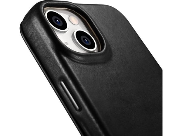 iCarer CE Oil Wax Premium lærveske til iPhone 14 Plus med magnetisk MagSafe-lokk, svart (AKI14220707-BK)