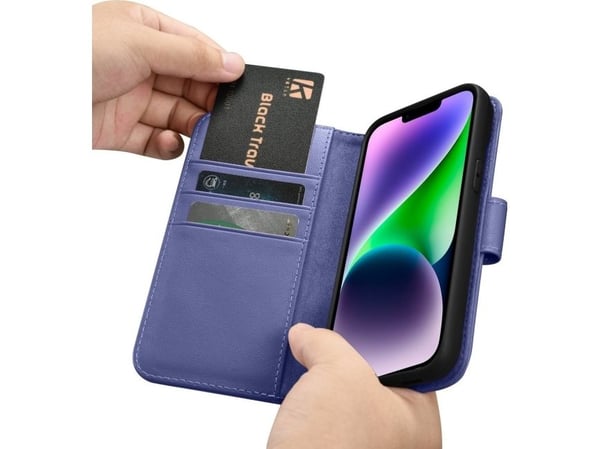iCarer iCarer lompakkokotelo 2in1 iPhone 14 Plus nahkakotelo Anti-RFID läppä vaalea violetti (WMI14220727-LP)