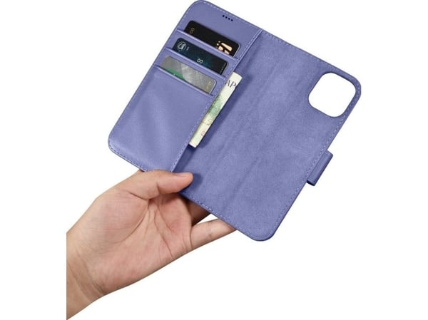iCarer iCarer lompakkokotelo 2in1 iPhone 14 Plus nahkakotelo Anti-RFID läppä vaalea violetti (WMI14220727-LP)