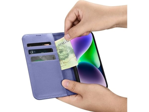iCarer iCarer lompakkokotelo 2in1 iPhone 14 Plus nahkakotelo Anti-RFID läppä vaalea violetti (WMI14220727-LP)