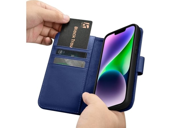 iCarer iCarer lompakkokotelo 2in1 iPhone 14 Plus nahkakotelo Anti-RFID läpällä sininen (WMI14220727-BU)