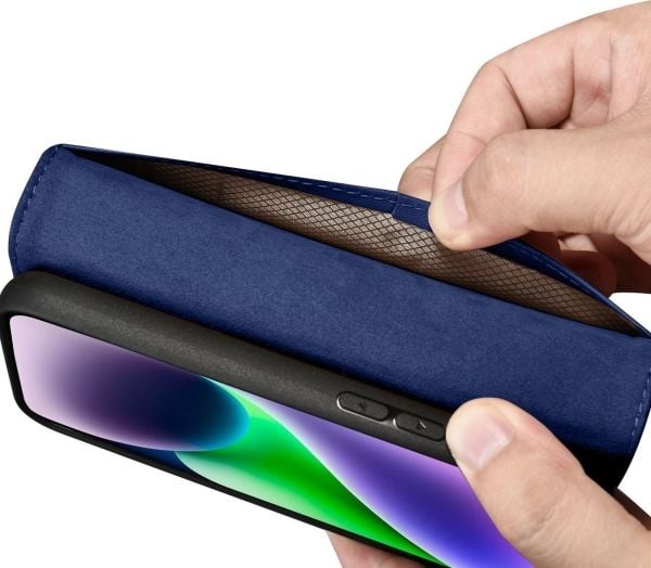 iCarer Wallet Case 2-i-1 mobilfodral till iPhone 14 Plus i läder med klaff Anti-RFID blå (WMI14220727-BU)