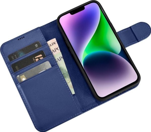 iCarer Wallet Case 2-i-1 mobilfodral till iPhone 14 Plus i läder med klaff Anti-RFID blå (WMI14220727-BU)