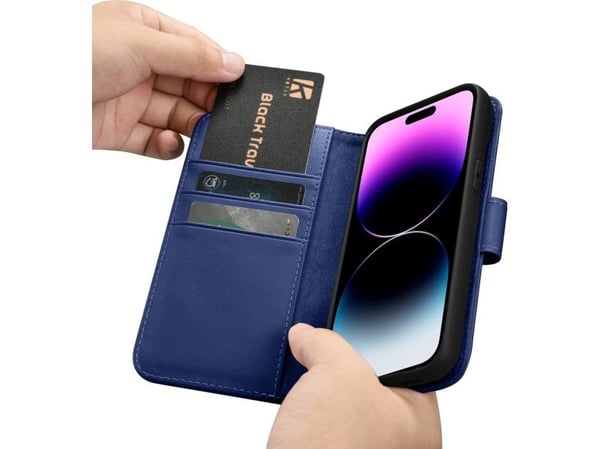 iCarer Wallet Case 2-i-1 deksel i lær flip-cover til iPhone 14 Pro Max anti-RFID - blå (WMI14220728-BU)