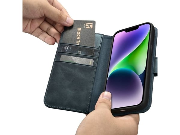 iCarer Oil Wax Wallet Case 2-i-1 deksel til iPhone 14 Plus - anti-RFID lær flipcover - blå (WMI14220723-BU)