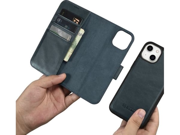 iCarer Oil Wax Wallet Case 2-i-1 deksel til iPhone 14 Plus - anti-RFID lær flipcover - blå (WMI14220723-BU)