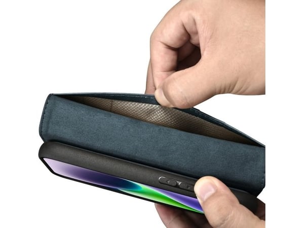 iCarer Oil Wax Wallet Case 2-i-1 deksel til iPhone 14 Plus - anti-RFID lær flipcover - blå (WMI14220723-BU)