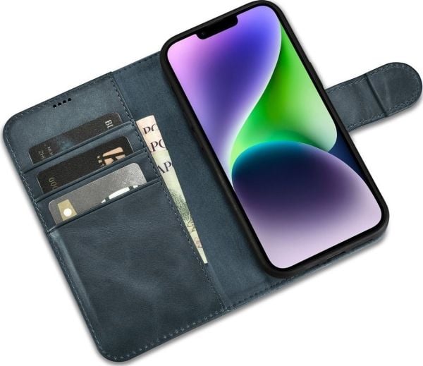 iCarer Oil Wax Wallet Case 2-i-1 deksel til iPhone 14 Plus - anti-RFID lær flipcover - blå (WMI14220723-BU)