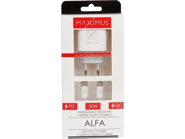Maxximus MX ALFA 20W PD+QC nätladdare, USB-A+C + C/C 20W PD-kabel, VIT/VIT