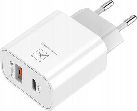 Maxximus MX ALFA 20W PD+QC nätladdare, USB-A+C + C/C 20W PD-kabel, VIT/VIT