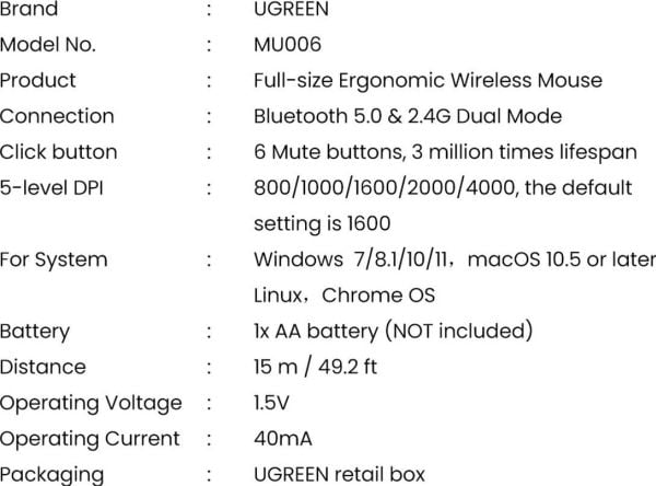 Ugreen MU006 optisk trådløs mus USB 2.4GHz 4000 DPI svart (MU006)