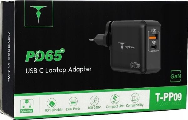 T-Phox lader LAD SIEC MEGA T-PP09 GAN PD 65W USB/USB-C sort