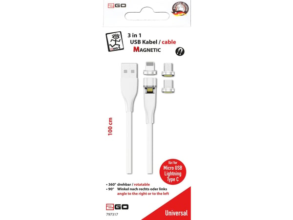 2GO 797317, 1 m, USB B, USB C/Micro-USB B/Lightning, Valkoinen