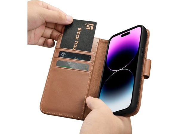 iCarer iCarer lompakkokotelo 2in1 iPhone 14 Pro nahkakotelo Anti-RFID läppä ruskea (WMI14220726-BN)