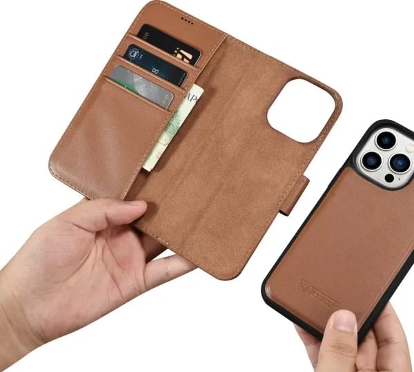 iCarer iCarer lompakkokotelo 2in1 iPhone 14 Pro nahkakotelo Anti-RFID läppä ruskea (WMI14220726-BN)