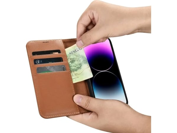 iCarer iCarer lompakkokotelo 2in1 iPhone 14 Pro nahkakotelo Anti-RFID läppä ruskea (WMI14220726-BN)