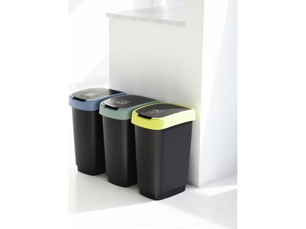 Avfallsbeholder, Rotho Twist, svart, plast, 50 l, svart lokk med blå kant