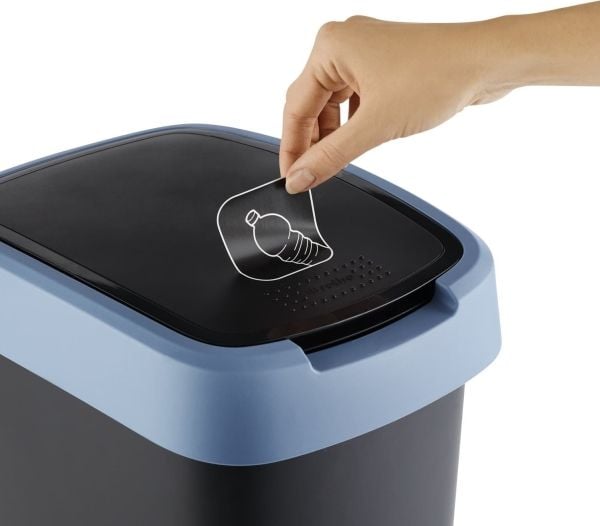 Avfallsbeholder, Rotho Twist, svart, plast, 50 l, svart lokk med blå kant