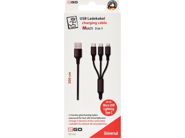 2GO 797154, 3 m, USB B, USB C/Micro-USB B/Lightning, Musta