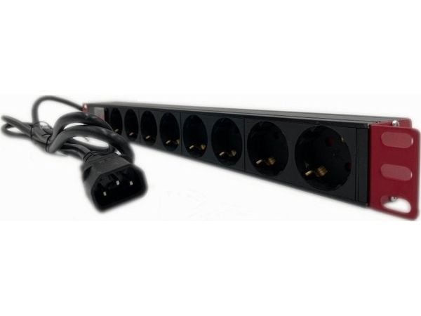 Techly 365733 1U 19" räkkipistorasia, 8x Schuko, C14-kaapeli 2m