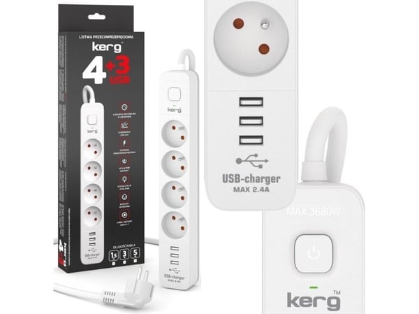 KERG Power-Safety laite katkaisijalla-4 pistorasiaa-3USB-valkoinen-harmaa-3m-16A-H05VV-F-3x1.5mm2