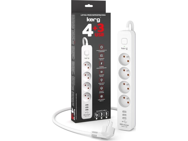 KERG Power-Safety laite katkaisijalla-4 pistorasiaa-3USB-valkoinen-harmaa-3m-16A-H05VV-F-3x1.5mm2