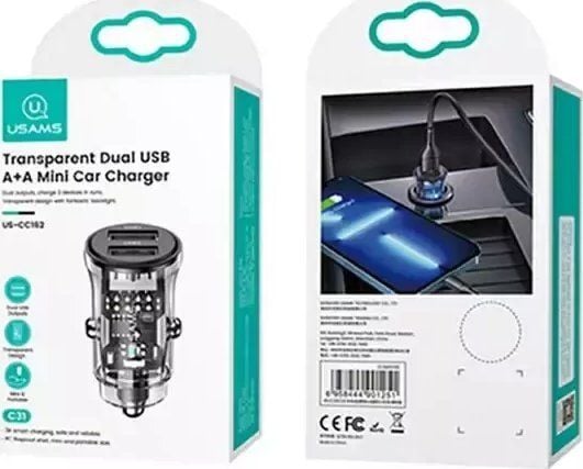 USAMS bil­lader USAMS C31 3A 2xUSB-A Fast Charge svart CC162CC01