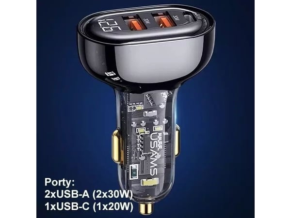 USAMS bil-laddare 2xUSB + 1xUSB-C 80W Fast Charge blå (US-CC159)