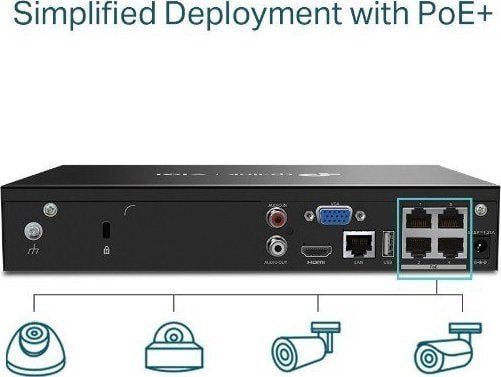 TP-Link VIGI NVR1004H-4P, 4 kanaler, 3840 x 2160 piksler, 720p, 1080p, 2160p, 3840x2160,1920x1080, 1680x1050, 1440x900, 1280x1024, 1024x768, 1280x7...