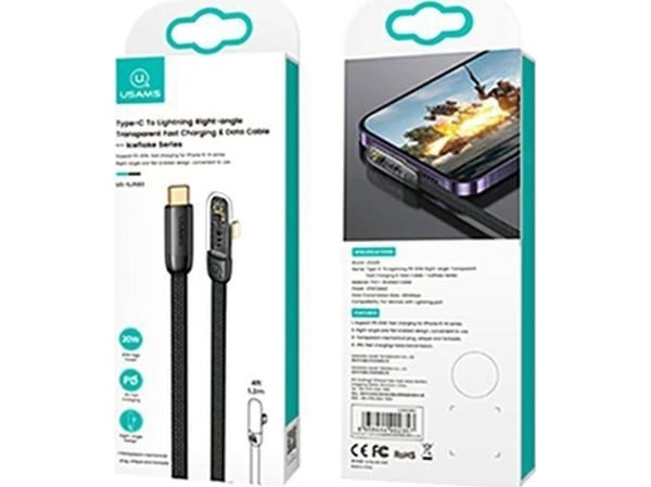USAMS USB-C til Lightning PD 20W hurtiglading Iceflake Series 1,2 m svart SJ583USB01 (US-SJ583)
