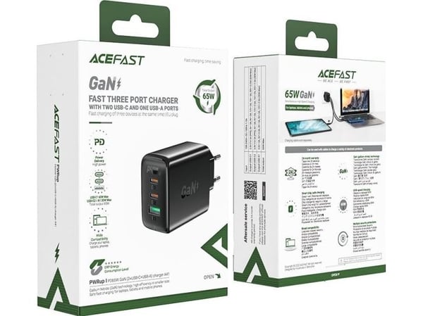 Acefast lader Acefast A41 vegglader, 2x USB-C + USB, GaN 65W (svart)
