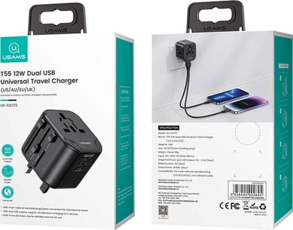 USAMS nettlader 2xUSB T55 12W universell 4-i-1 US/AU/EU/UK svart CC173TC01 (US-CC173)