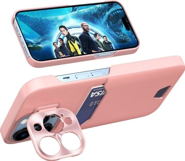 Hurtel Nahka Stand Case iPhone 14 Pro Max kortti lompakko tapauksessa jalusta vaaleanpunainen