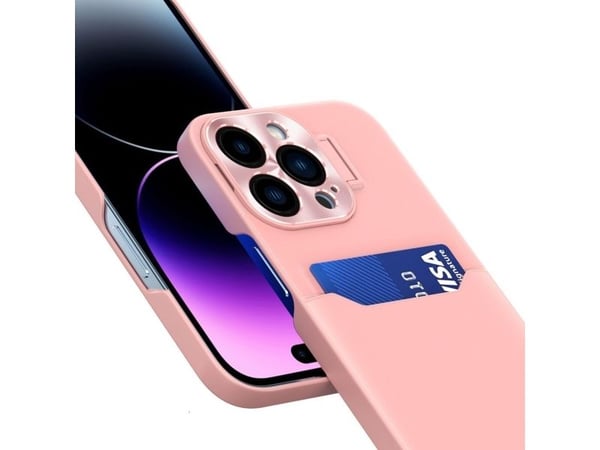 Hurtel Nahka Stand Case iPhone 14 Pro Max kortti lompakko tapauksessa jalusta vaaleanpunainen