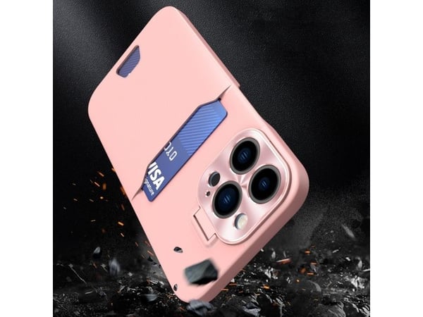 Hurtel Nahka Stand Case iPhone 14 Pro Max kortti lompakko tapauksessa jalusta vaaleanpunainen