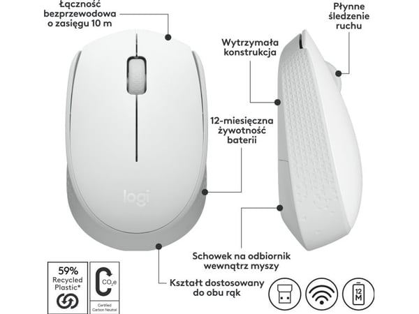 Logitech M171 - Mus - høyre- og venstrehendt - trådløs - 2,4 GHz - trådløs mottaker (USB) - Off-White
