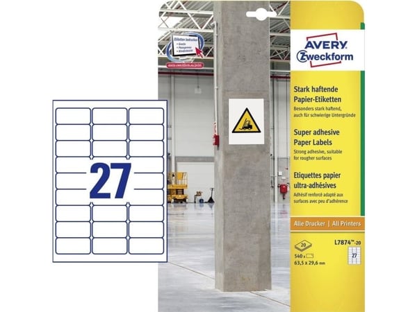 Avery L7874-20, Hvit, Avrundet rektangel, Permanent, Papir, 27 stykker, 20 ark