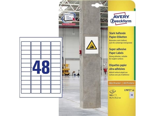 Avery L7873-20, Hvit, Rektangel, Permanent, 45.7 x 21.2 mm, DIN A4, Papir