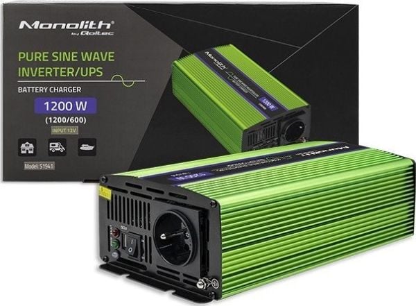 Qoltec Monolith - DC til AC strømomformer / batterilader / UPS - pure sine wave - AC 230 V / DC 12 V - 600 watt - utgangskontakter: 3