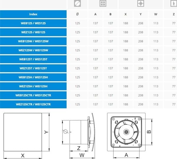 AWENTA baderomsventilator Escudo Awenta WES125H Ø125mm 175m3/h 18W 230V med fuktsensor og tidsforsinkelse sølv