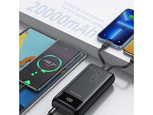 Powerbank Awei AWEI PowerBank P169K 20000mAh 22,5W svart/svart skjerm + PD/Lightning-kabler