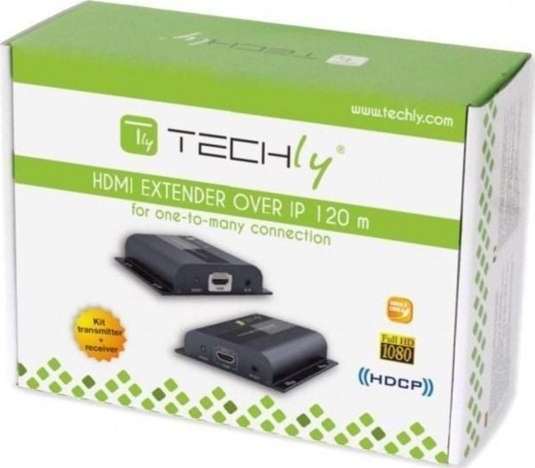 Techly IDATA-EXTIP-383V4, 1920 x 1080 piksler, AV-sender og -mottaker, 120 m, Koblet med ledninger (ikke trådløs), Sort, HDCP