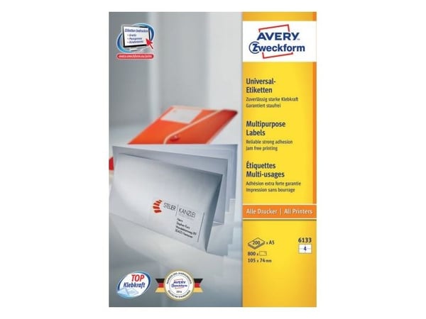 Avery Zweckform 6133, Hvit, Rektangel, Permanent, 105 x 74 mm, A5, Universell