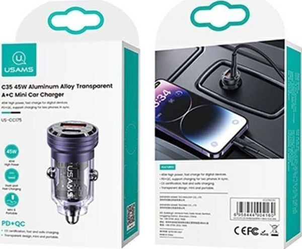 Usams-lader USAMS C35 billader USB-A+USB-C 45W Fast Charge lilla/lilla (US-CC175)
