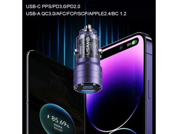 Usams-lader USAMS C36 billader USB-A+USB-C 95W Fast Charge lilla/lilla (US-CC176)