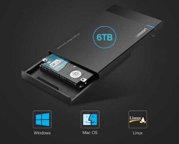 Ugreen US221 ekstern HDD/SSD-kabinett 2,5" SATA 3.0, USB-C, 50 cm (svart)