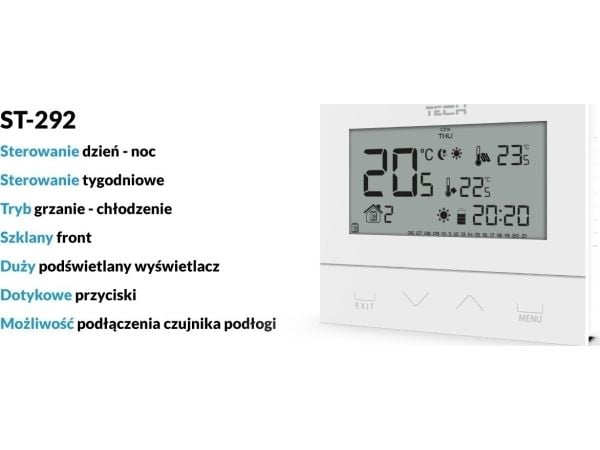 Tech rumtermostat ST-293v3 svart, tvåstegs, glas, infälld montering