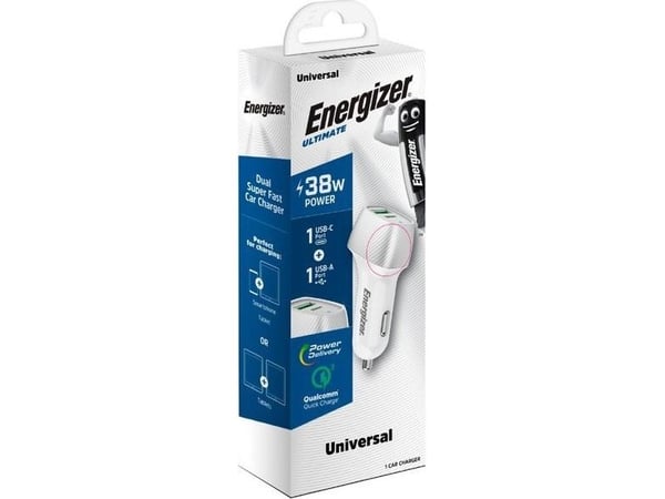 Energizer Ultimate - USB-C &amp; USB-A 38W PD + QC3.0 autolaturi (valkoinen / hopea)